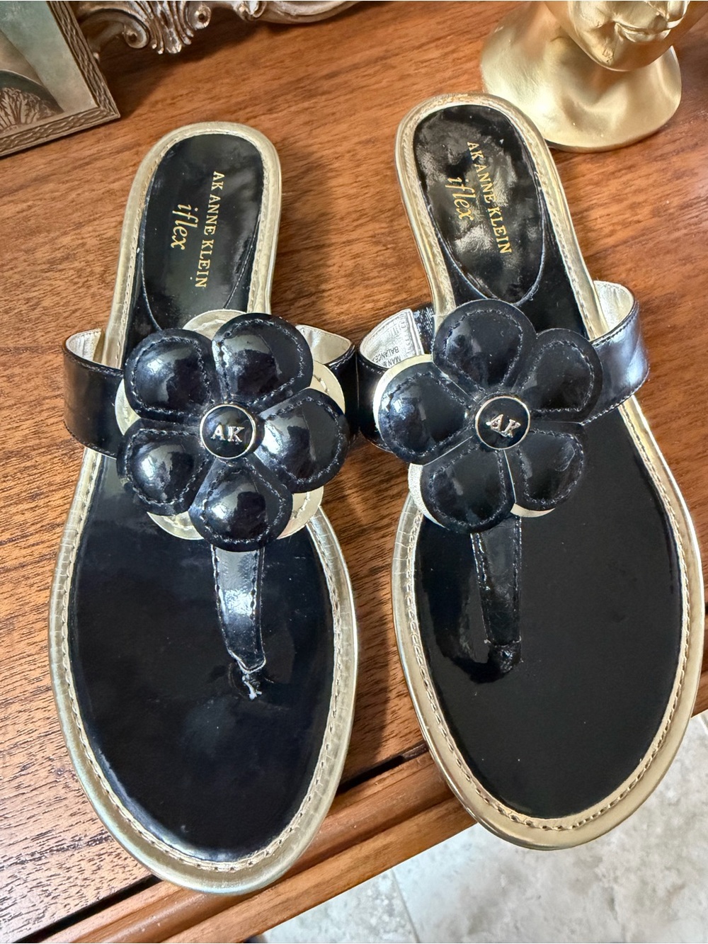 Anne Klein Black Patent Floral Thong Sandals with Gold Trim